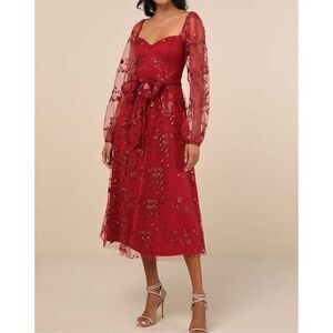 NWT Lulus‎ XS Darling Charisma Wine Red Mesh Embroidered Midi Dress Cocktail
